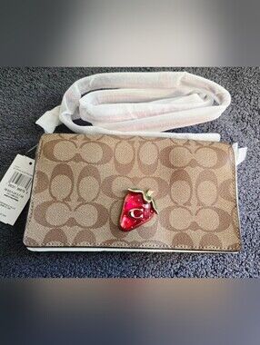 NWT COACH CH547 Anna Foldover Clutch Crossbody Signature Canvas w/Strawberry
